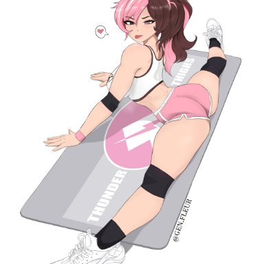 rwby, neo (rwby), genfleur0108, 1girls, arm strap, armwear, ass, blush, bottomwear, breasts, brown eyes, brown hair, clothing, female, female only