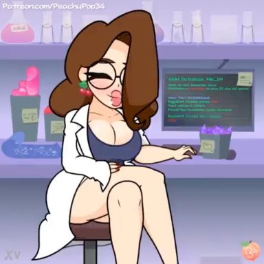 peachypop34, big ass, big breasts, futa, futa on female, futa with female, futanari, penis, researcher, scientist, suprised look, surprised, surprised expression, tagme, video