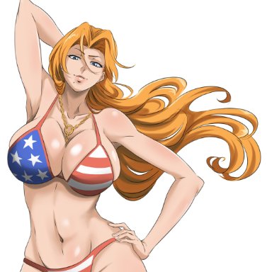 bleach, matsumoto rangiku, rakusakugk, 1girl, 1girls, american flag bikini, arms up, beauty mark, bikini, bikini bottom, bikini top, blue eyes, blue eyes female, fat breasts, flat belly