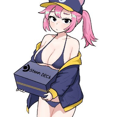 steam (software), steam deck, steam delivery girl, cocktiel77, 1girls, alternate hairstyle, animal ear headwear, bare shoulders, blue bikini, blue eyes, blue hat, blue jacket, blush, breasts, cat ears