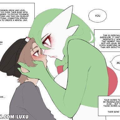 nintendo, pokemon, daisy (luxurias), gardevoir, generation 3 pokemon, pok&#233;mon (species), luxurias, 1boy, 1girls, anthro, blush, brown eyes, brown hair, eye contact, face grab