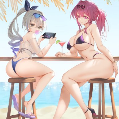 honkai (series), honkai: star rail, kafka (honkai: star rail), silver wolf (honkai: star rail), zzo (chorizzzzo), 2girls, ass, bikini, blue nails, blue sky, blue toenails, bracelet, breasts, bubble, cellphone