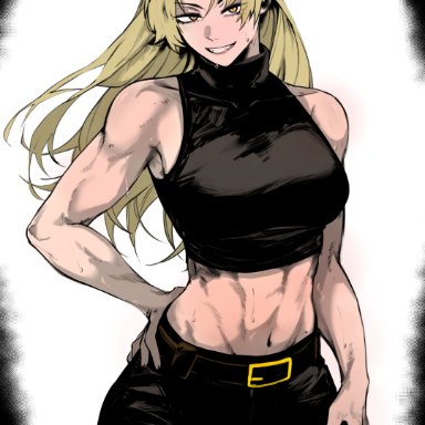 jujutsu kaisen, yuki tsukumo, masoq095, blonde hair, breasts, female, mommy, muscular female, pose, smile at viewer, yellow eyes, color, color edit, colored, edit