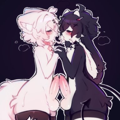 katsucoffee, after kiss, anthro, balls, black body, black fur, blush, blush lines, bodily fluids, circumcised, closed eyes, clothing, collar, domestic cat, ear piercing