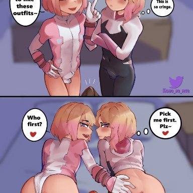 marvel, gwen poole, gwen stacy (spider-verse), gwenpool, spider-gwen, kumo no mae, 1boy, 2femboys, arms crossed, ass grab, bent over, big penis, blonde hair, blue eyes, bob cut