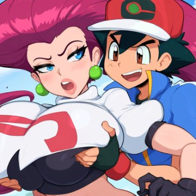 pokemon, pokemon (anime), pokemon journeys, jessie (pokemon), satoshi (pokemon), team rocket, mullon, 1boy, breast grab, female, grabbing, groping, huge breasts, long hair, muscular male