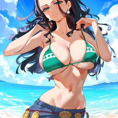 one piece, shounen jump, nami (one piece) (cosplay), nami (post-timeskip) (cosplay), nico robin, geo-san, geosan, 1girls, bare arms, bare shoulders, beach, big breasts, black hair, blue eyes, blush