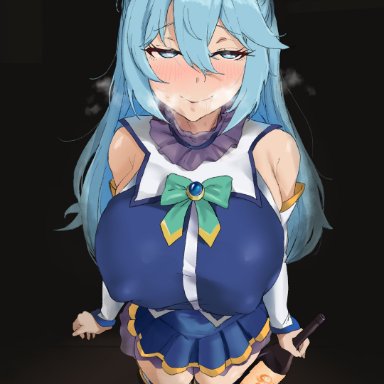 aqua (konosuba), noriko (ni noriko), 1girls, after sex, alcohol, alternate breast size, big breasts, blue hair, drunk, erect nipples, female, female only, heart-shaped pupils, heavy breathing, holding bottle