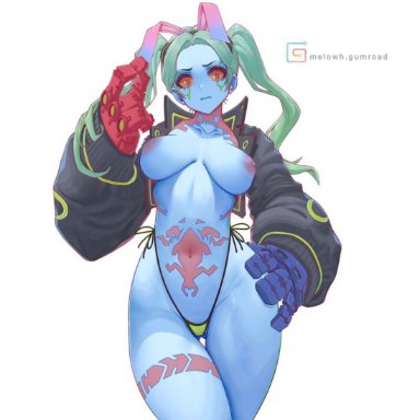 cyberpunk, cyberpunk (series), cyberpunk 2077, cyberpunk: edgerunners, rebecca (edgerunners), melowh, adultification, alternative bust size, animal ears, aqua hair, areolae, bikini, bikini bottom, black jacket, blue skin