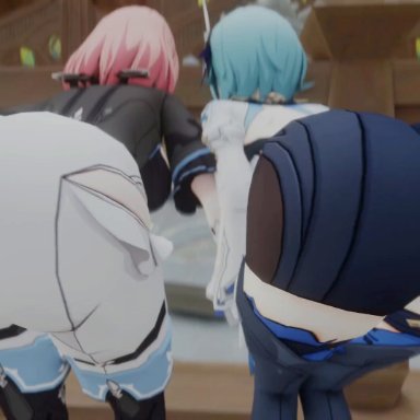 genshin impact, honkai impact 3rd, eula (genshin impact), timido cute, kishi, 2girls, ass, ass focus, ass jiggle, ass press, ass shake, ass shaking, ass-to-ass, bare shoulders, big