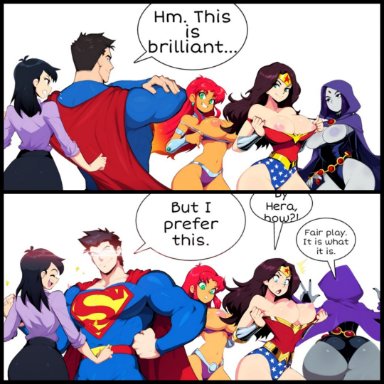 dc, dc comics, superman (series), wonder woman (series), diana prince, koriand'r, lois lane, rachel roth, raven (dc), starfire, superman, tamaranean, wonder woman, mullon, 1boy