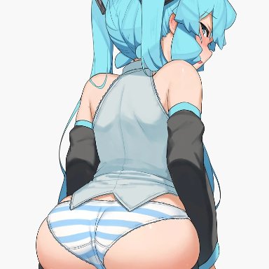 vocaloid, hatsune miku, joko-art, 1female, 1girls, back, back view, bare shoulders, blue and white striped panties, blush, blushing, butt, female, female focus, female only