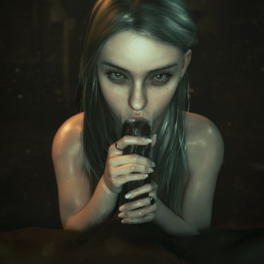 resident evil, resident evil 8: village, rosemary winters, ceeeeekc, black male, cum, dark skin, dark-skinned male, eye contact, fellatio, imminent sex, interracial, light skin, light-skinned female, long hair