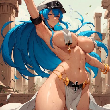 akame ga kill!, esdeath (akame ga kill!), alex-schura, 1girls, arabian clothes, armpits, arms up, bangs, bare shoulders, belly dancer, belly dancer outfit, blue eyes, blue hair, blue sky, blush