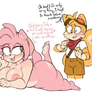 sega, sonic (series), sonic the hedgehog (series), amy rose, miles prower, tails the fox, cadslime, 1boy, 1boy1girl, 1girls, anthro, big ass, big breasts, big butt, blush