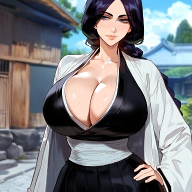 bleach, unohana retsu, floox, thiccwithaq (ai style), 1girls, black hair, breasts, female, hips, huge breasts, large breasts, light skin, light-skinned female, long hair, massive breasts