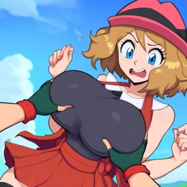 pokemon, pokemon (anime), pokemon journeys, pokemon xy, pokemon protagonist, satoshi (pokemon), serena (pokemon), mullon, 1boy, amourshipping, breast grab, breasts, female, huge breasts, muscular male