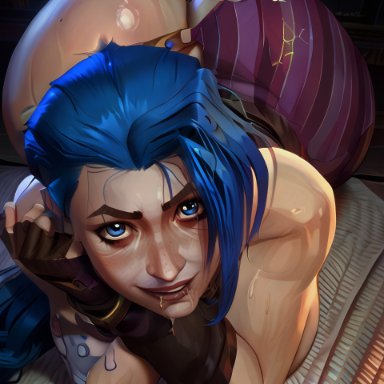 arcane, league of legends, arcane jinx, jinx (league of legends), 1girls, arms crossed, ass, ass bigger than head, ass cleavage, ass focus, ass up, big ass, big butt, blue eyes, blue hair