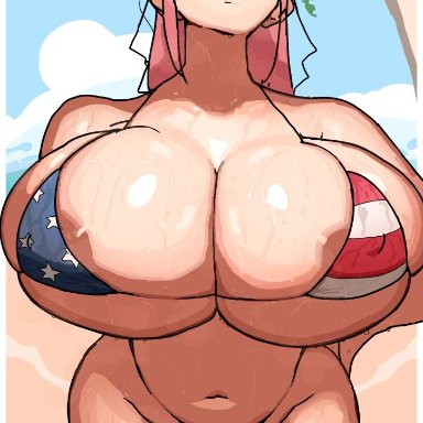 4th of july, hololive, mori calliope, dolecat, 1girls, american flag bikini, areolae, beach, breast grab, erect nipples, gigantic breasts, huge breasts, large breasts, long hair, pale skin