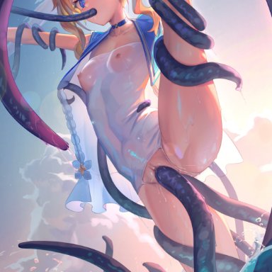 genshin impact, barbara (genshin impact), hei huo chong, anal, bangs, blonde hair, blue choker, blue eyes, blue headwear, blue ribbon, breasts, choker, collarbone, consensual tentacles, covered navel