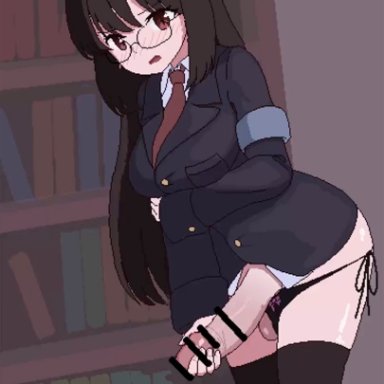 original, shiwa kou, armband, big breasts, black hair, black jacket, black panties, black thighhighs, blazer, bookshelf, breasts, brown eyes, clenched teeth, closed eyes, cum