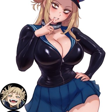 my hero academia, camie utsushimi, himiko toga, toga himiko, krystalizedart, bimbo, bimbo body, bimbo lips, bimbofication, blonde hair, bodysuit, confused, curvy figure, dirty blonde hair, fangs