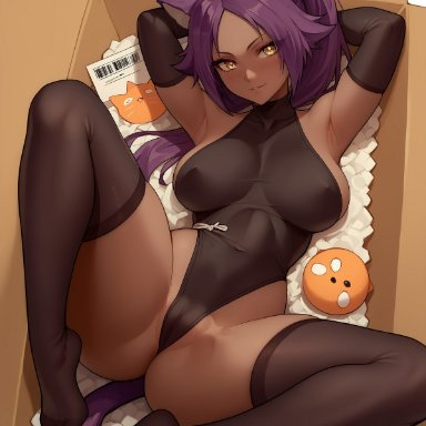 bleach, shihouin yoruichi, breasts, cat ears, cat girl, cat tail, catgirl, dark skin, dark-skinned female, leotard, spread legs, stockings, thighhighs, ai generated