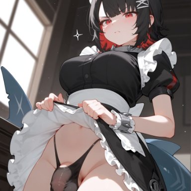 zenless zone zero, ellen joe, a1exwell, 1futa, bulge, futa only, futanari, lifted by self, lifted dress, maid, maid uniform, medium penis, penis peek, shark girl, shark tail