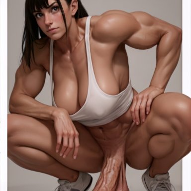 hdregrets, bangs, crouching, flaccid, foreskin, futanari, hanging balls, large breasts, large penis, looking at viewer, muscular, muscular futanari, penis, sagging balls, saggy balls