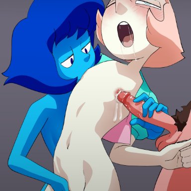 cartoon network, steven universe, gem (species), lapis lazuli (steven universe), pearl (steven universe), coolerinker, inker comics, inkershike, 1boy, 2girls, blue body, blue eyes, blue hair, blue nipples, blue skin