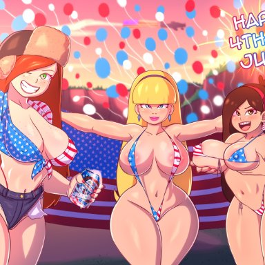 4th of july, disney, gravity falls, mabel pines, pacifica northwest, wendy corduroy, kenergi, 3girls, american flag bikini, big breasts, bikini, blonde hair, boobs, breasts, brown hair