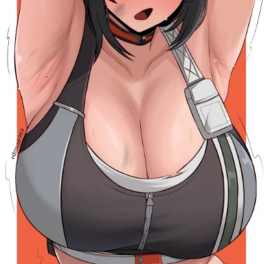 zenless zone zero, grace howard, edmun, 1girls, armpits, black hair, blush, breasts, cleavage, hair between eyes, large breasts, long hair, navel, open mouth, solo