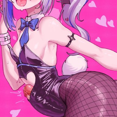 hololive, rabbit hole (vocaloid), amane kanata, totemoyuuutsu, 1futa, 1futanari, animal ears, arm strap, bare shoulders, bent over, big penis, black leotard, blue bow, blue bowtie, blue hair