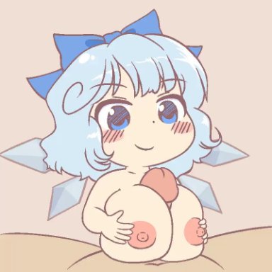 gyate gyate, touhou, cirno, ben tttt, 1boy, 1girls, areolae, blue eyes, blue hair, blush, breasts, chibi, closed mouth, cum, cum everywhere