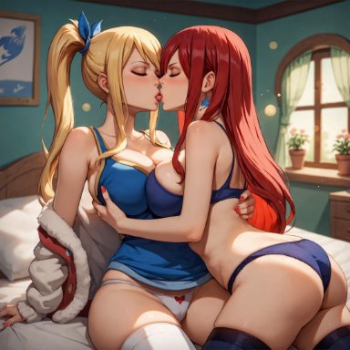 fairy tail, erza scarlet, lucy heartfilia, alex-schura, 1girls, 2girls, ass, asymmetrical docking, bangs, bare shoulders, bed, bedroom, blonde hair, blue bra, blue eyes