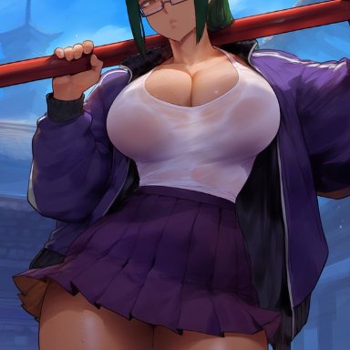 jujutsu kaisen, zenin maki, erotic nansensu, big breasts, fit female, from below, glasses, holding weapon, huge breasts, legs, see-through clothing, skirt, slim waist, sweating, sweaty breasts