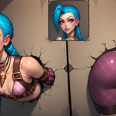 league of legends, jinx (league of legends), artist psyopsai, 1girls, ass, ass focus, back view, blue hair, clothed, clothing, curvy, female, female focus, female only, fit female