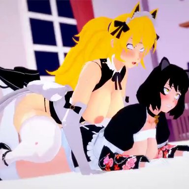 rooster teeth, rwby, blake belladonna, yang xiao long, dezerbitch, 1futa, 1girls, ambiguous penetration, big breasts, black hair, blonde hair, blush, bob cut, breasts, canon couple