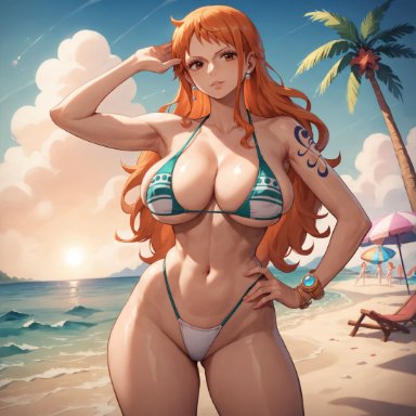 one piece, nami, nami (one piece), alex schura, alex-schura, 1girls, 3girls, armpits, bangs, bare shoulders, beach, beach chair, beach umbrella, bikini, blue sky