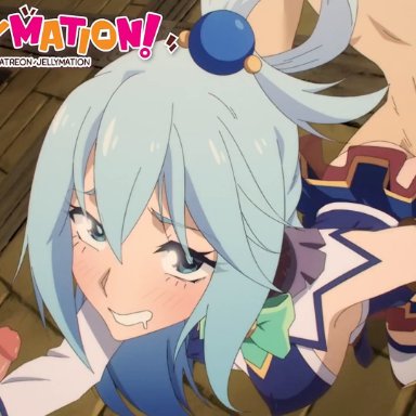 aqua (konosuba), jellymation, 1girls, 2boys, ass, blue eyes, blue hair, blush, breasts, canon fodder, cum in pussy, cum inside, cum on face, gangbang, handjob