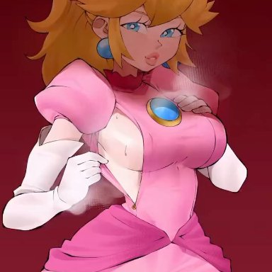 mario (series), nintendo, princess peach: showtime!, princess peach, flytrapxx, opaluva, pace r18, airing out, bedroom eyes, blonde hair, blue eyes, dress, earrings, female, gloves