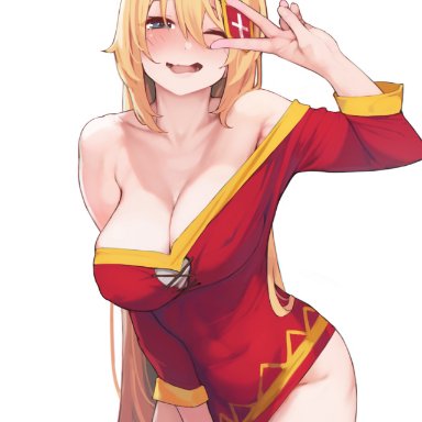 darkness (konosuba), megumin (cosplay), ataruman, abs, bare shoulders, blonde hair, blush, bottomless, breasts, cleavage, collarbone, cute, eyepatch removed, green eyes, large breasts