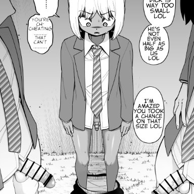 shinagawa mikuzu, 3boys, age difference, big penis, black hair, blonde hair, dark-skinned femboy, dark-skinned male, femboy, light-skinned male, penis, penis size difference, school uniform, small penis, small penis humiliation