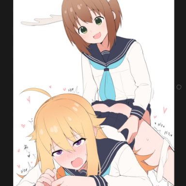 my deer friend nokotan, shikanoko nokonoko koshitantan, koshi torako, shikanoko noko, kunugi miyaco, 2girls, ahoge, all fours, ascot, blonde hair, blue ascot, blue sailor collar, blush, brown hair, deer girl