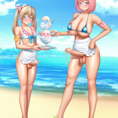 original, daisy mitsumata, 2futas, apron, balls, ballsack, beach, big breasts, big penis, bikini, bikini top only, blonde hair, blue bikini, blue eyes, blue sky