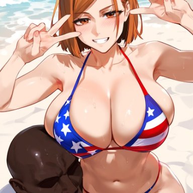 jujutsu kaisen, kugisaki nobara, 1boy, 1girls, american flag bikini, beach, big breasts, bikini, breasts, carrying, cheating, dark-skinned male, female, happy, human