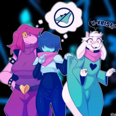 deltarune, undertale (series), kris (deltarune), ralsei, susie (deltarune), inkplasm, welwraith, !?, 2boys, anthro, big breasts, blue skin, bodysuit, boner, boner in pants