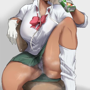 my hero academia, miruko, rumi usagiyama, hyuuman, 1girls, animal ears, big breasts, breasts, bunny ears, cameltoe, chair, clothing, dark skin, dark-skinned female, drink