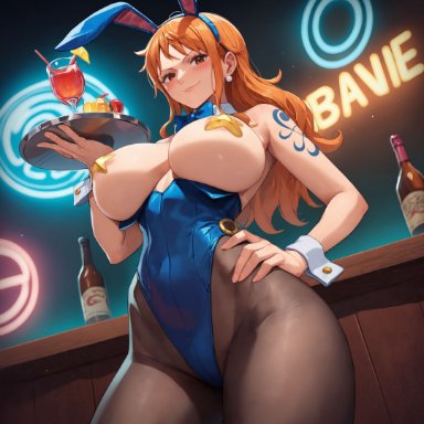 one piece, nami, nami (one piece), alex schura, alex-schura, 1girls, alcohol, animal ears, areola slip, areolae, bangs, bare shoulders, blue bow, blue leotard, blush