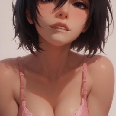 shingeki no kyojin, mikasa ackerman, midcafe (artist), black eyes, black hair, blush, bra, female, female only, ai generated, tagme